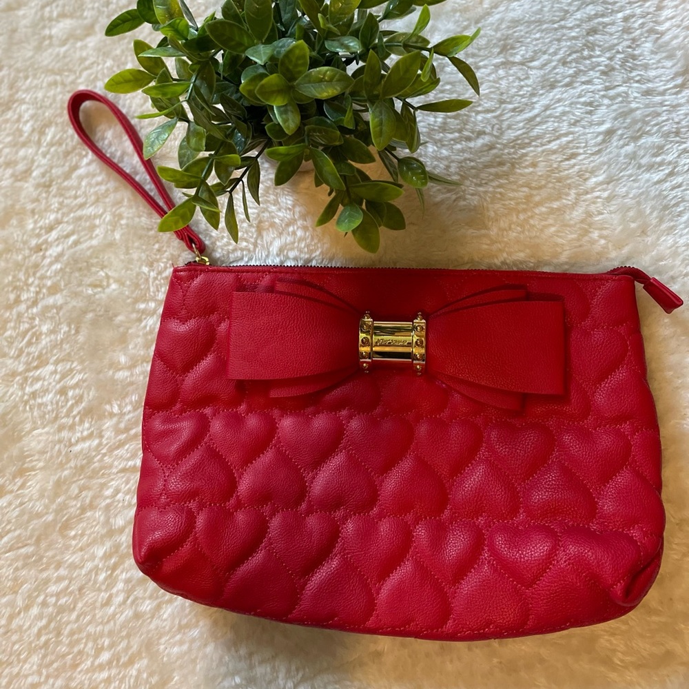 Betsy Johnston large red W/hearts clutch